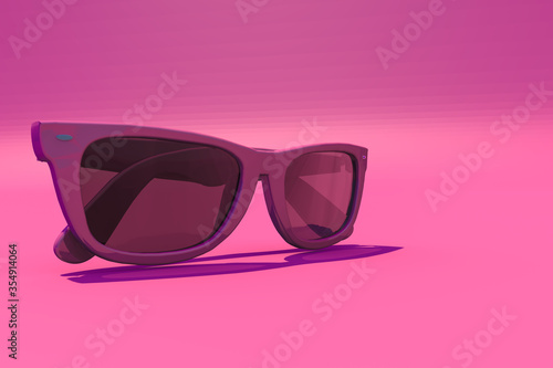 3d rendering summer concept. Pink sun glasses on pink background. Sunlight, travel. Border closure, travel restrictions. Copy space