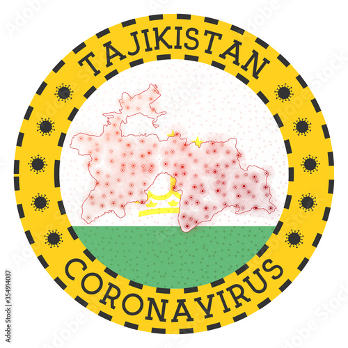Coronavirus in Tajikistan sign. Round badge with shape of Tajikistan. Yellow country lock down emblem with title and virus signs. Vector illustration.