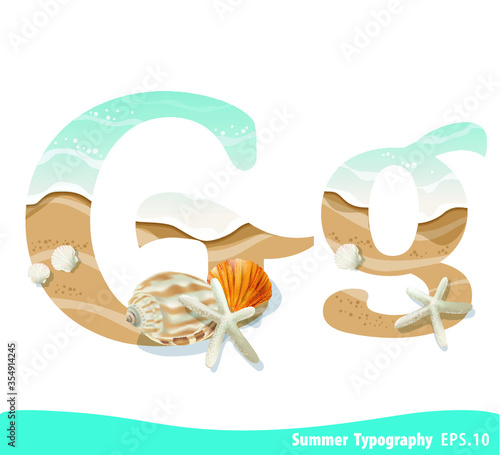 Summer alphabet Letter G. Seashells on the beach. Vector illustration.
