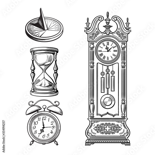 Set of old clocks. Sundial, Hourglass, Alarm clock Antique grandfather pendulum clock. Vector illustration.