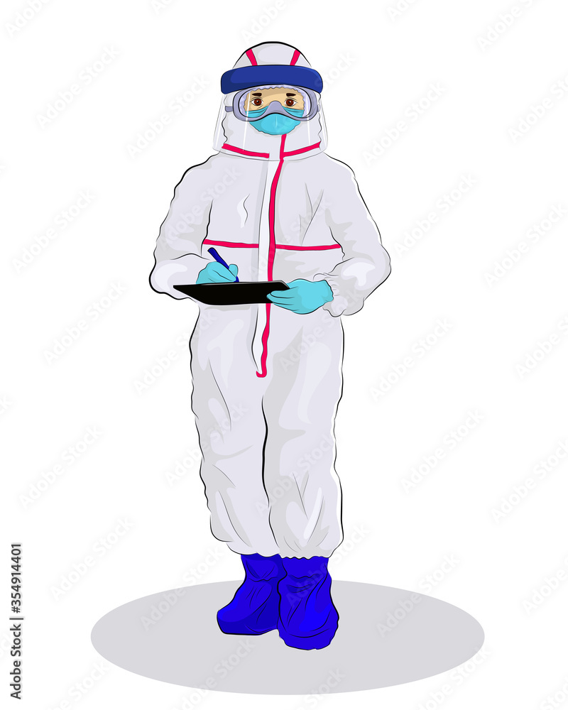 Vector illustration of medical staff with personal protective equipment (PPE), standing and taking notes, doctor in Coronavirus COVID-19 Pandemic Outbreak
