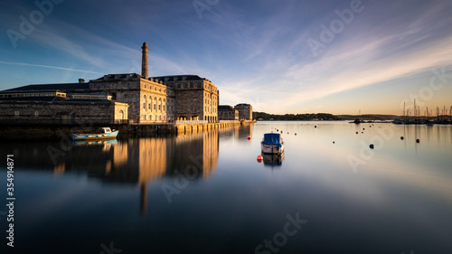 Summer Sunset Light and Reflections at the Royal William Yard, Plymouth, UK.