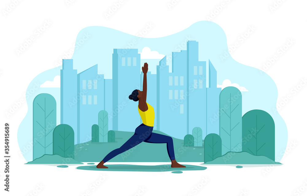 A young, flexible, slender girl of African appearance does yoga outdoors in a park. Vector concept of healthy lifestyle and outdoor sports. Girl on the background of the city and trees makes exercises A young, flexible, slender girl of African appearance does yoga outdoors in a park. Vector concept of healthy lifestyle and outdoor sports. Girl on the background of the city and trees makes exercises