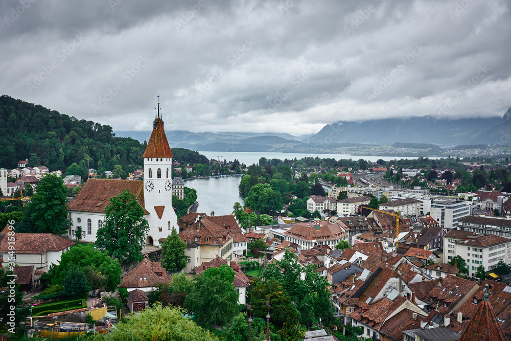 Panorama of Thun with Stadtkirche (City church) and Lake Thun. Photo taken from Thun Castle, Switzerland. 