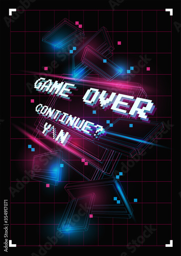 Word Game over in geometric shapes background. Message on the video game screen. For games, banner, web pages.