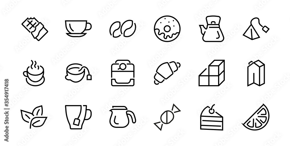 Fototapeta premium COFFEE and TEA LINEAR ICONS SET, contains Icons of tea, tea bag, Coffee machine, cake, sugar, teapot, cup, milk, cream, Lemon, chocolate bar, Editable stroke