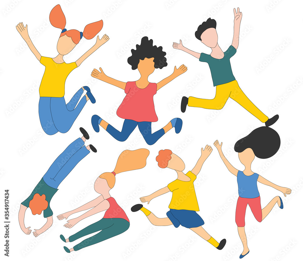 Children jumping, Boys and girls are playing together happily. The concept is fun and vibrant moments of childhood. Flat Vector Illustration Children jumping, Boys and girls are playing together happily. The concept is fun and vibrant moments of childhood. Flat Vector Illustration