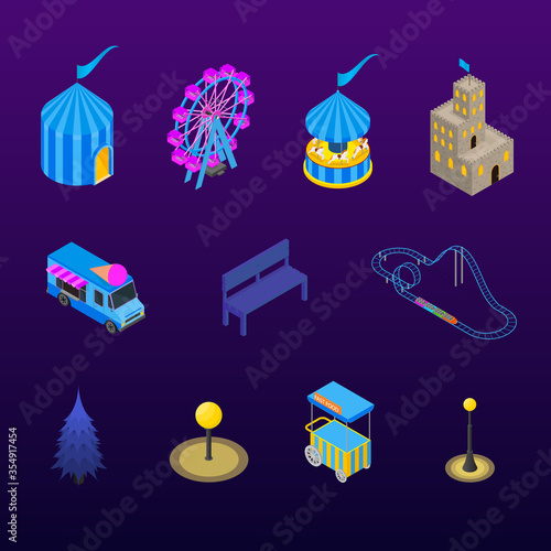 Amusement Park Concept Icon Set 3d Isometric View. Vector