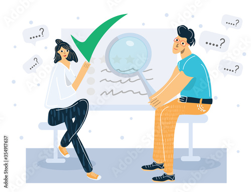 Man and women are confirmed real facts for all who care to check. Communication via internet, journalist investigation. Investigative  journalism or fact checking concept.  Flat cartoon illustration