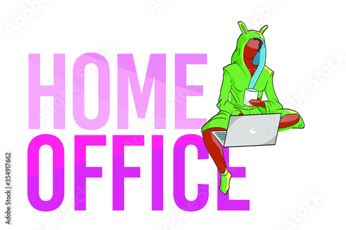 homeoffice - sketch of a young black girl in a dressing gown sitting working at home with letters