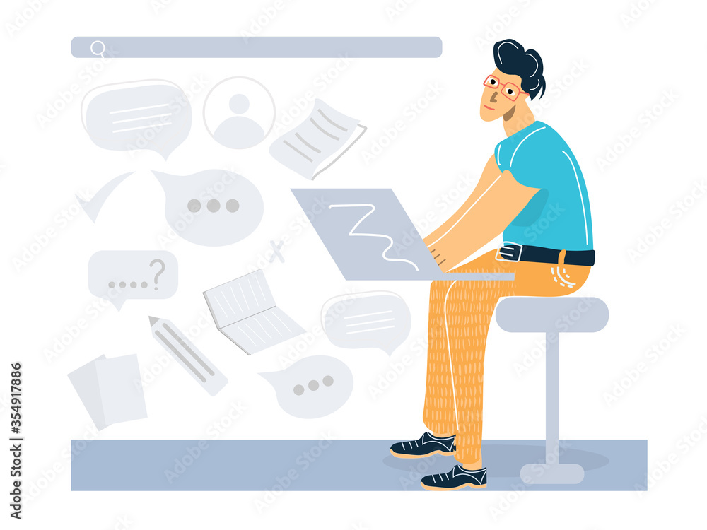 A man is sitting with a laptop. The flow of information, technology, Internet, global communications, fact-checking. Flat vector illustration in cartoon style A man is sitting with a laptop. The flow of information, technology, Internet, global communications, fact-checking. Flat vector illustration in cartoon style