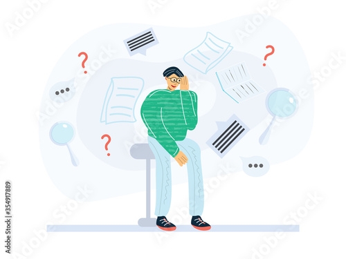 A man sits on a stool and holds his head. Great flow of information. Question mark, magnifying glass. Fact-checking concept.  Flat vector illustration in cartoon style