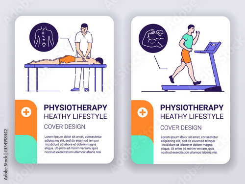 Physiotherapy web banner brochures template. Doctor massages patient and cardio workout. Print design with linear illustrations cartoon character on turquoise background.