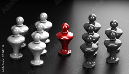 Concept of pawns representing conflict between groups and one mediator in the middle.