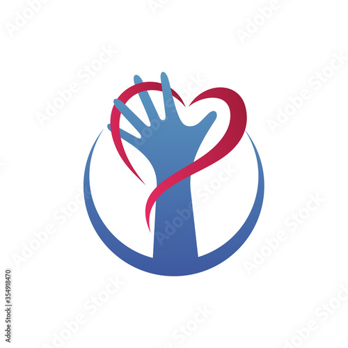 Hand and love in charity foundation logo design