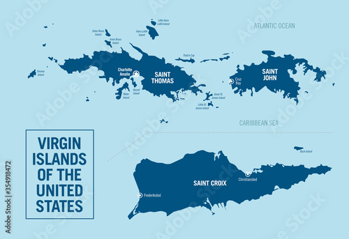 U.S. Virgin Islands of the United States political map. Detailed illustration with isolated islands and cities, easy to ungroup. Vector illustration.