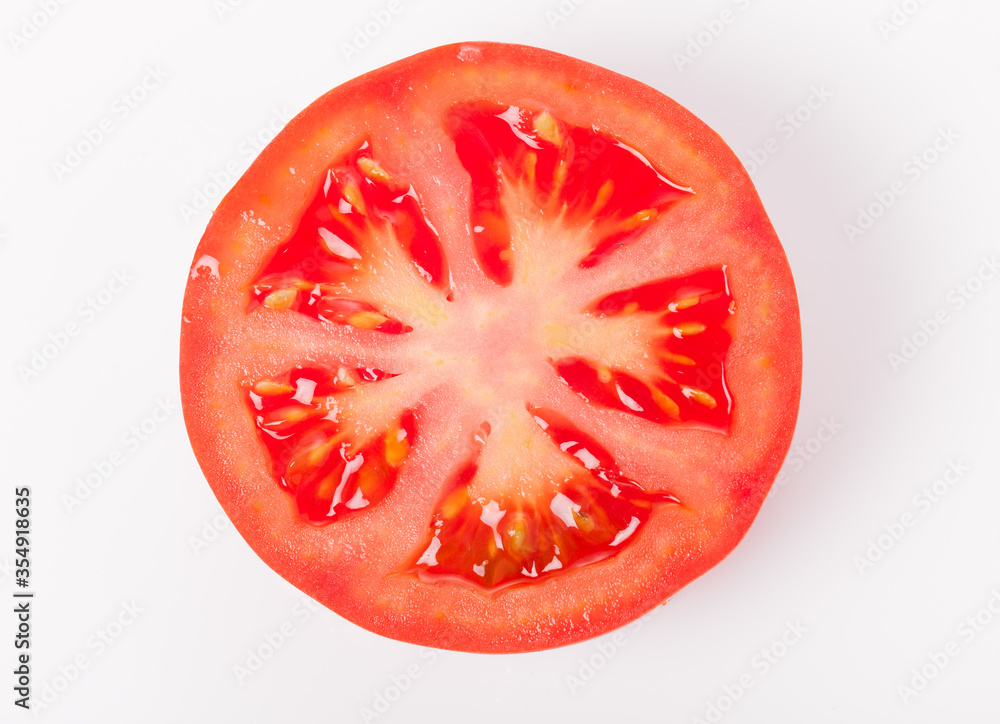 Slice of fresh tomato closeup, isolated on white, Slice of fresh tomato closeup, isolated on white,