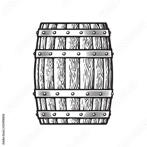 Old wooden barrel in vintage engraving style. Black and white hand drawn vector illustrations.