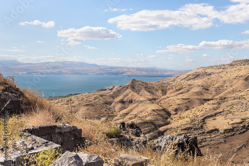 Panoramic  view from the ruins of the Greek - Roman city Hippus - Susita located on the hill on the Golan Heights in northern Israel on the Sea of Galilee photo