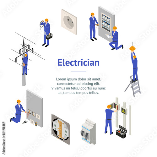 Character Electrician in Uniform Concept Banner Card Circle 3d Isometric View. Vector