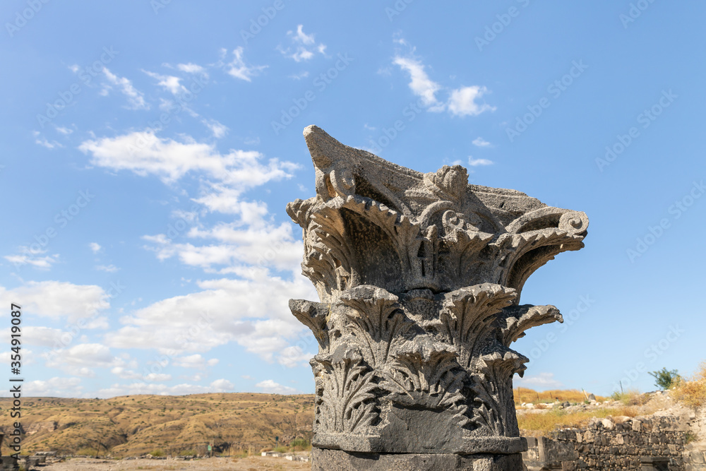 Remains  of columns in ruins of the Greek - Roman city of the 3rd century BC - the 8th century AD Hippus - Susita on the Golan Heights near the Sea of Galilee - Kineret, Israel