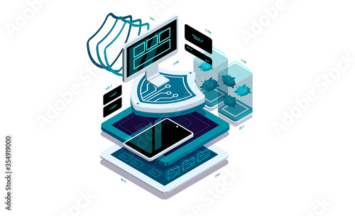 Data protection on the PC and smartphone. Data visualization concept. 3d isometric vector illustration.