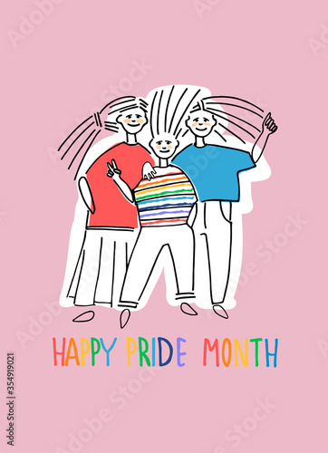 Happy Pride Month greeting design. Sexual diversity celebration concept. Cheerful people celebrating pride parade. Hand drawn vector illustration