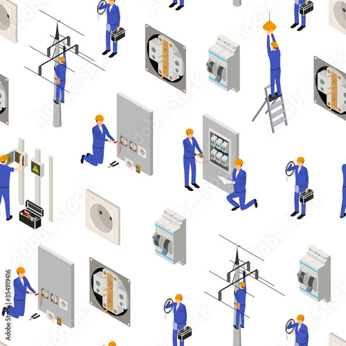 Character Electrician in Uniform Concept Seamless Pattern Background 3d Isometric View. Vector