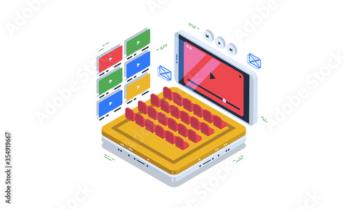 Watch online video, video hosting and access to watch movies in an online movie theater. Data visualization concept. 3d isometric vector illustration.