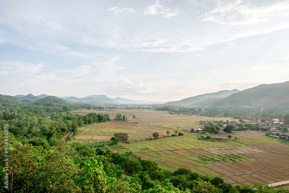 Rice fields in the mountains around the period before the rainy season in northern Thailand.