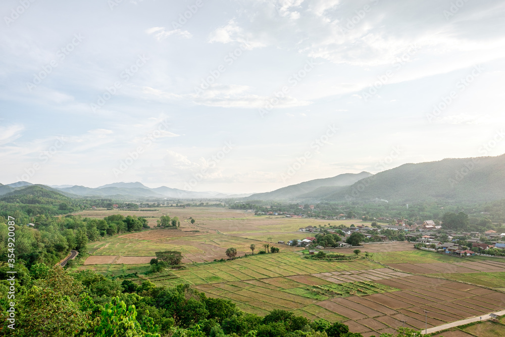 Rice fields in the mountains around the period before the rainy season in northern Thailand.