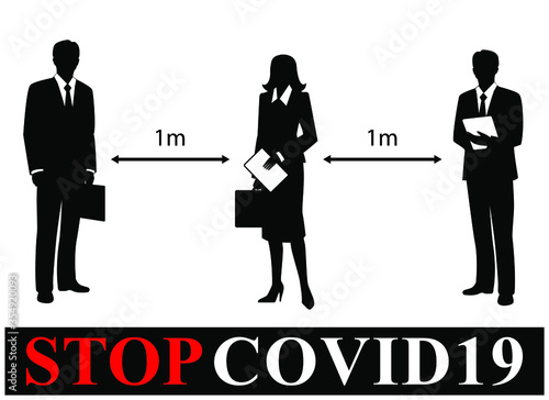 Social distancing, people keeping 1m distance for prevent corona virus. office and business people silhouettes vector.