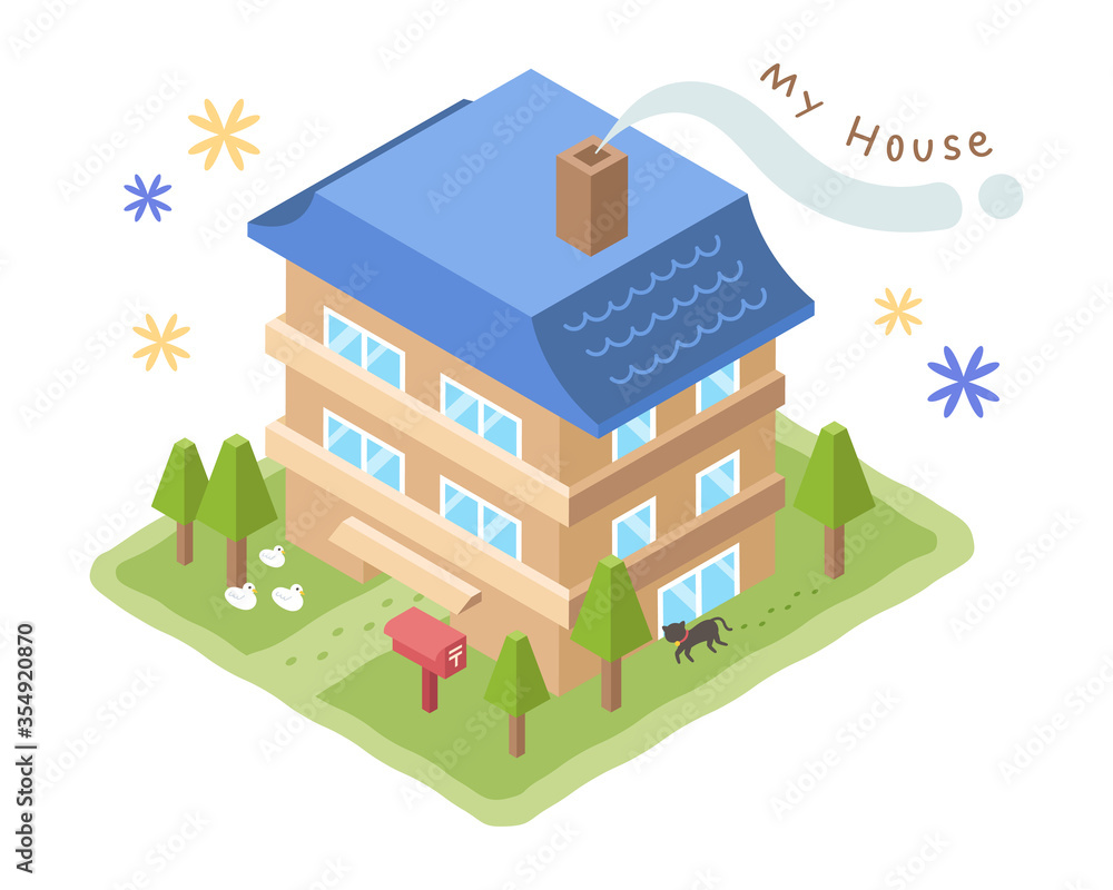 青い屋根の一軒家のイラスト 三階建て Stock Vector Adobe Stock