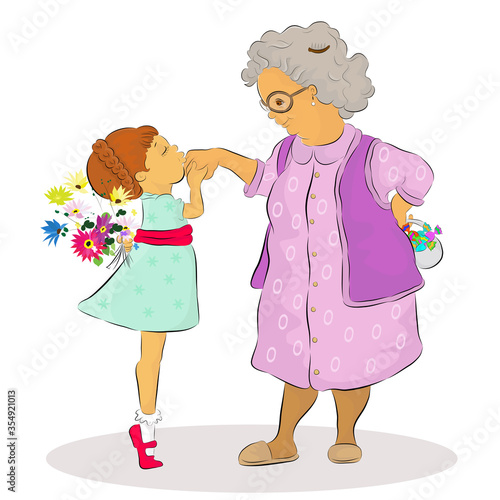 Vector illustration of a little girl kissing her senior grandmother's hand in Feast of Ramadan celebration. Girl is hiding a bunch of flowers, elder lady is hiding festive candies behind their backs.