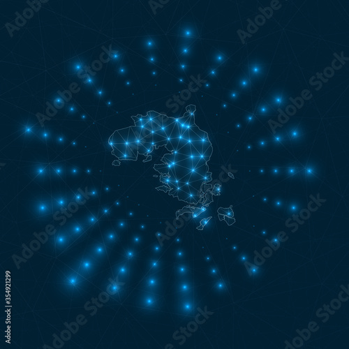 Bintan Island digital map. Glowing rays radiating from the island. Network connections and telecommunication design. Vector illustration.