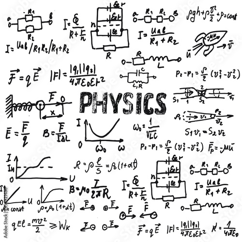 A white sheet of paper is covered with scientific formulas and calculations in physics and mathematics. Vector model for designing stands in the field of science and education. Doodle style.