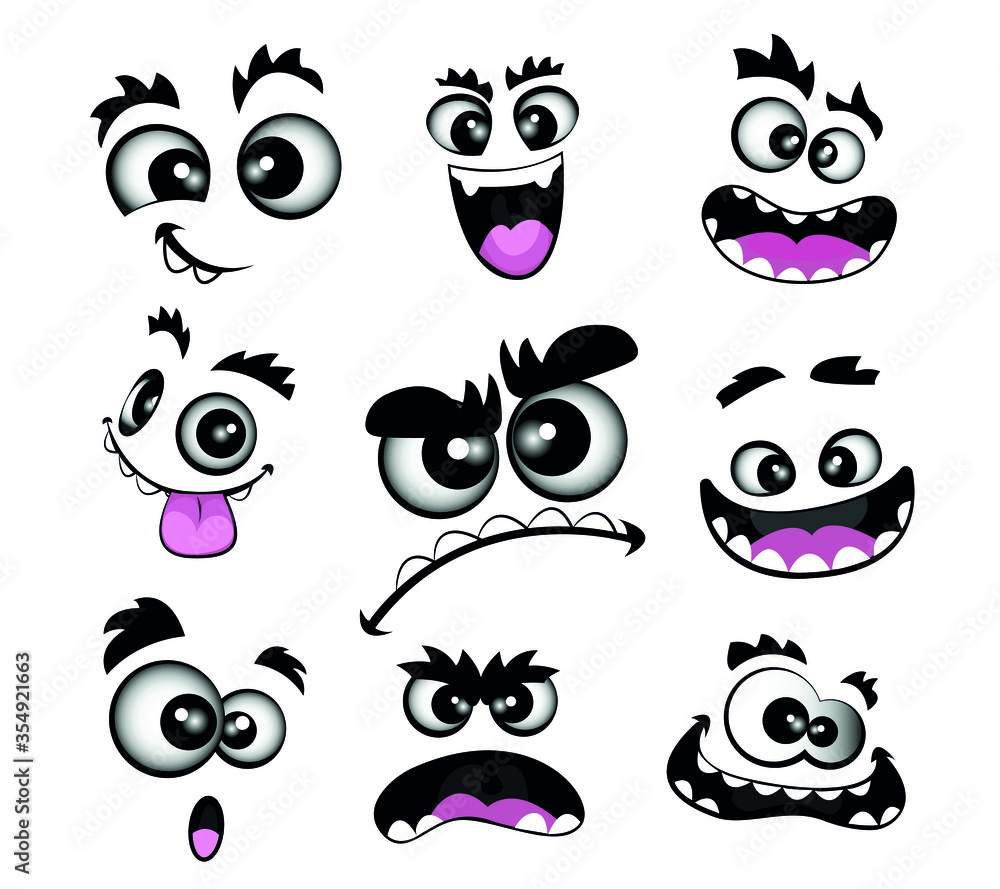Set cute Cartoon monster Eye In Vector High quality original trendy vector  face set of cartoon eyes and mouth Stock Vector | Adobe Stock