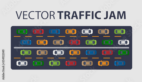 Traffic jam on the road. Road transport. Highway banner. Vector isolated background. Top or Above View