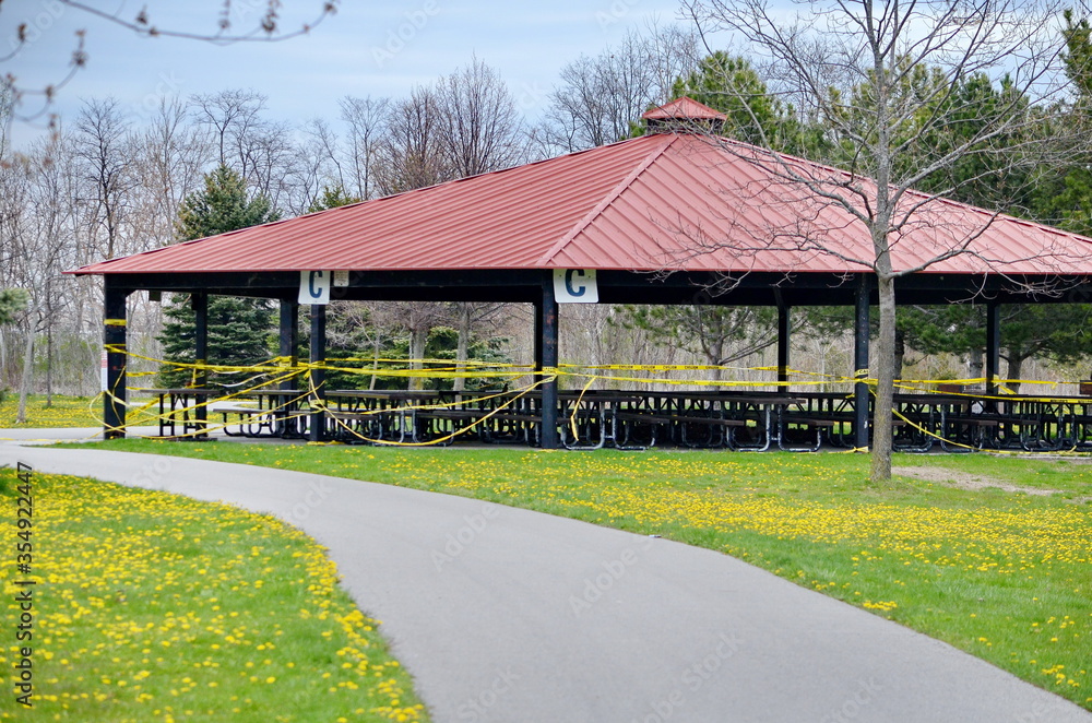 A COVID-19 closed public picnic shelter in Scarborough, Ontario, Canada.  May 14/2020.