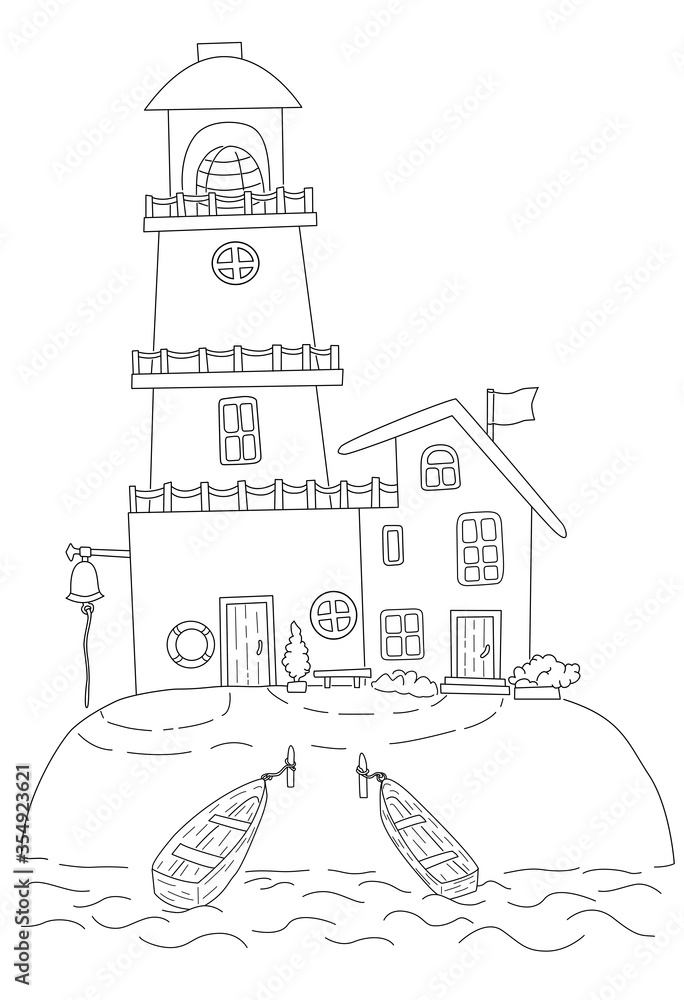 Coloring book page with the lighthouse and boats on the sea coast. Illustration with architecture