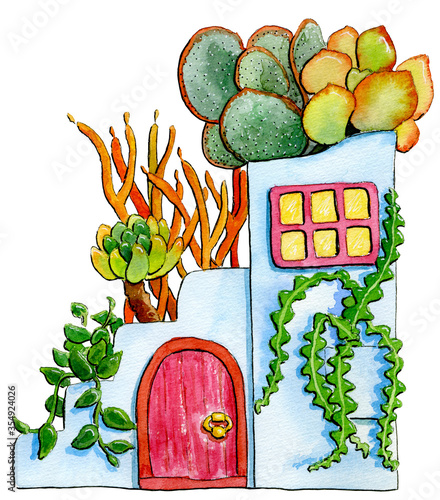 Watercolor house with succulents. Colorful desert plants in the original pot. Botanical design. Hand drawn summer's plants illustration photo