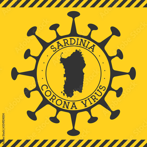 Coronavirus in Sardinia sign. Round badge with shape of virus and Sardinia map. Yellow island epidemic lockdown stamp. Vector illustration.