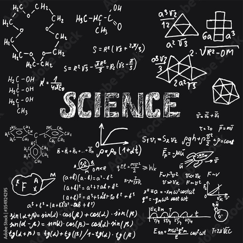 The black Board is covered with scientific formulas and calculations in physics and mathematics. Vector pattern for designing for stands in the field of Science and education. Doodle style.