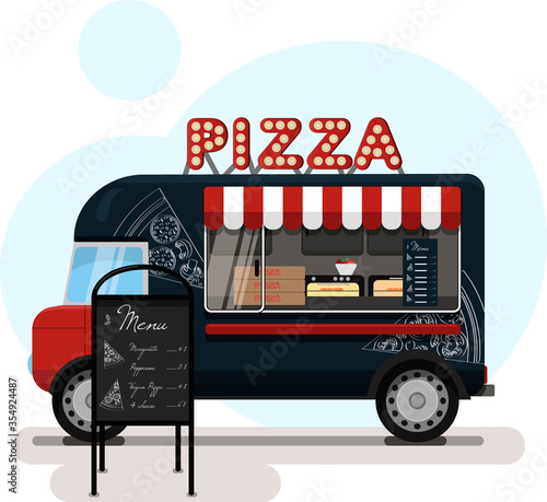 Street food truck with pizza. Vector flat illustration of a pizza place on wheels with a striped awning, hand-drawn pizza on a van, and an advertising stand with a menu. Stylish retro illustration of