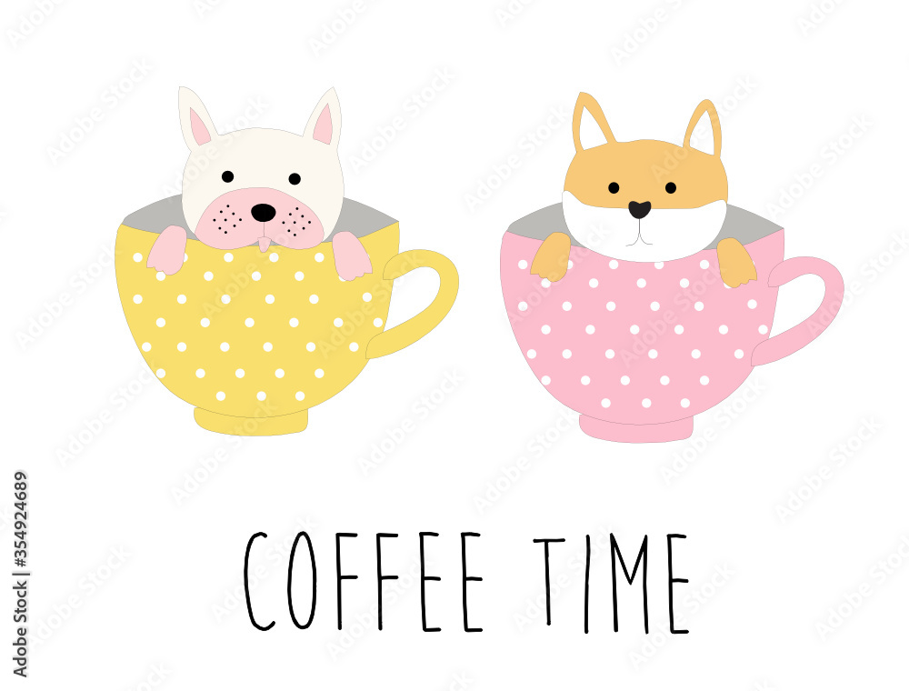 Lovely dogs in coffee cup. Coffee time concept background Lovely dogs in coffee cup. Coffee time concept background