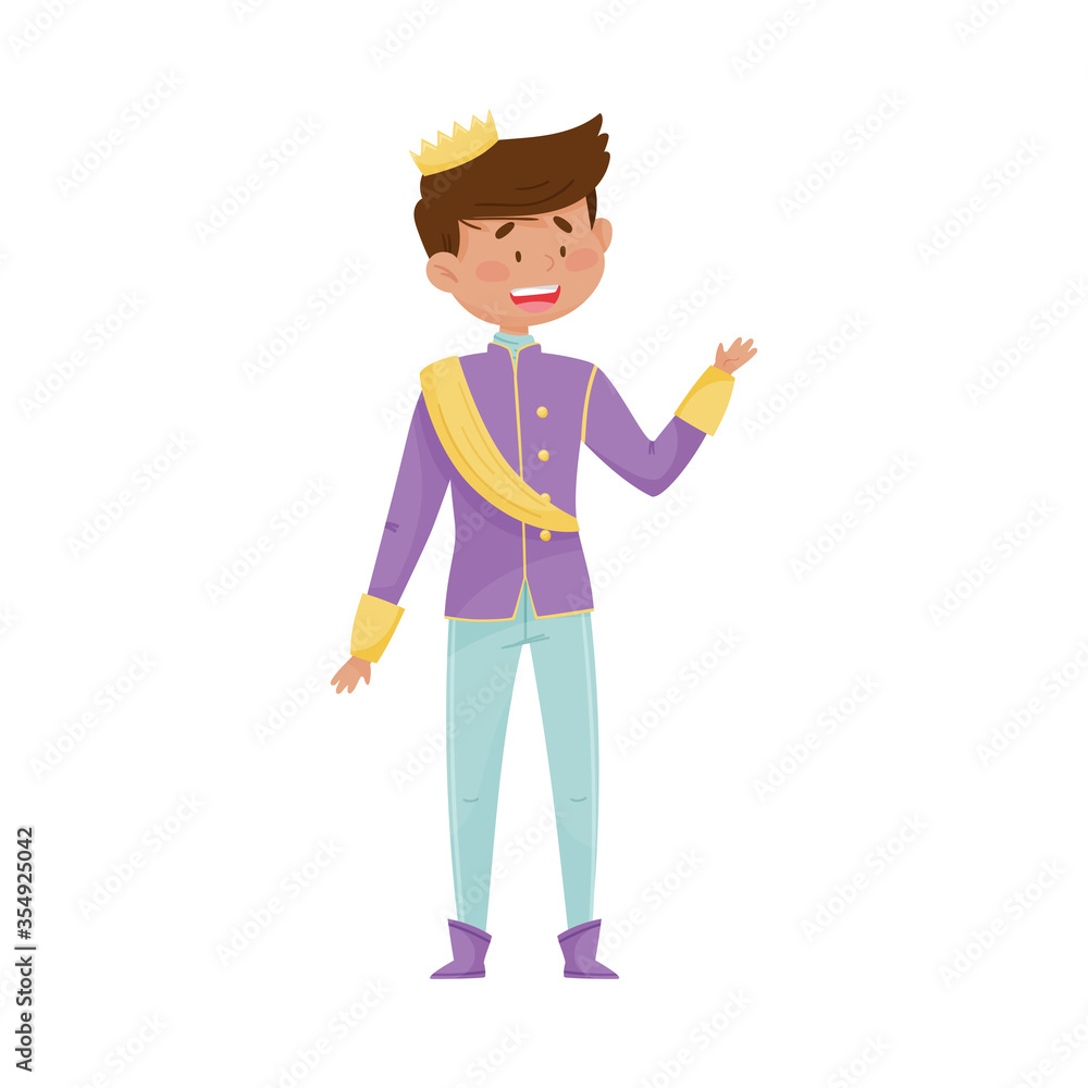 Dark Haired Prince with Golden Crown Wearing Carnival Suit and Waving Hand Vector Illustration Dark Haired Prince with Golden Crown Wearing Carnival Suit and Waving Hand Vector Illustration