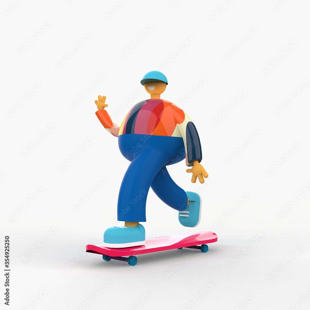 3d character skateboard guy in cartoon style. cartoon character skateboarder ride, extreme sport trick, active lifestyle illustration..