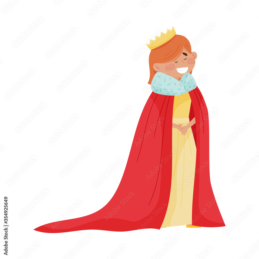 Little Princess with Red Hair Wearing Crown and Dressy Cloak Vector Illustration