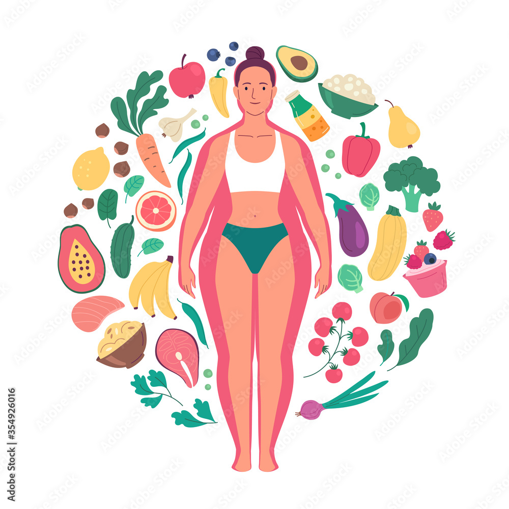 Weight loss concept. Vector illustration of cartoon young woman with slim body in underwear over the overweight body silhouette surrounded by healthy food icons. Isolated on white.