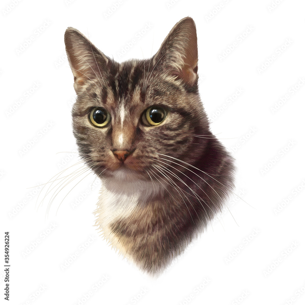 Cute cat isolated on white background. Portrait of a cat striped head with green eyes. Good for print T-shirt, pillow. Hand painted illustration of Pet. Watercolor animal collection. Design template Cute cat isolated on white background. Portrait of a cat striped head with green eyes. Good for print T-shirt, pillow. Hand painted illustration of Pet. Watercolor animal collection. Design template